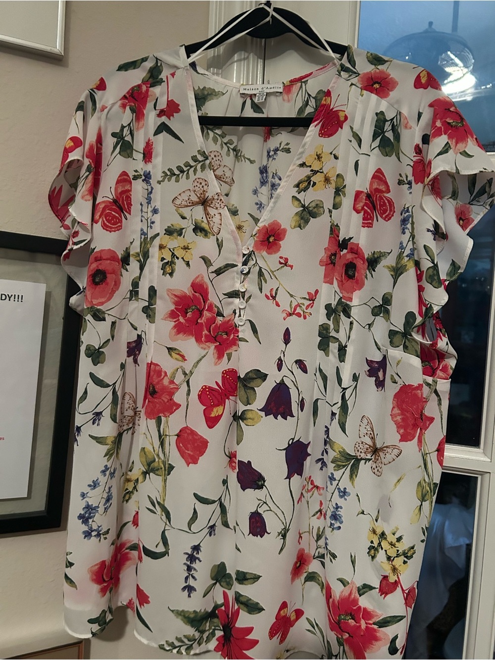 Floral V-Neck Flutter Sleeve Blouse in White with Red & Green Print